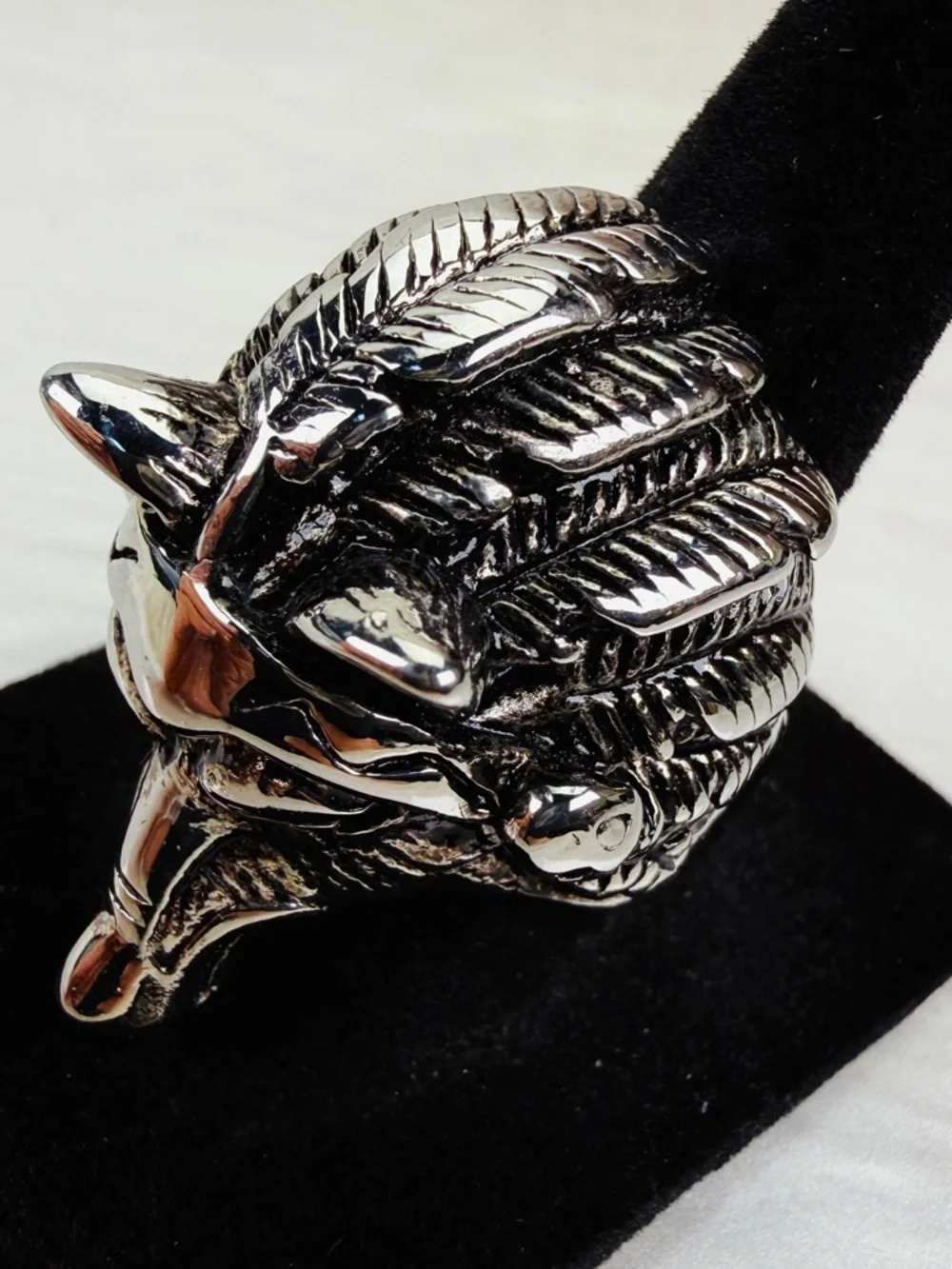 Silvertone Weighted Wolf Head Skull Accent Ring sz 8 1/4